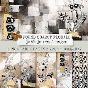 GEVONDEN OBJECT BLOEMEN junk journal pagina's, digitale botanische pagina's met abstracte gestempelde bloemen voor junk journals download 21x29.7