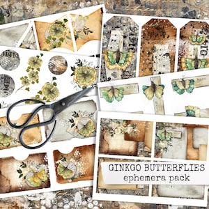 GINKGO BUTTERFLIES, ginko Schmetterlinge, Junk Journal Ephemera, digitaler Download, mixed media Ephemera zum Ausdrucken 8,5x11