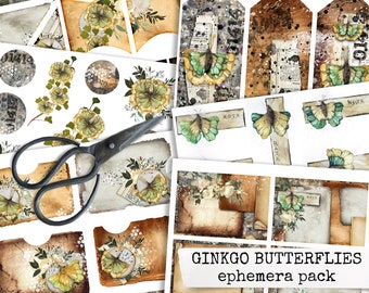 ginkgo butterflies junk journal ephemera, digital ephemera for handmade journals, scrapbooks, cards, collage sheets instant download 8,5x11