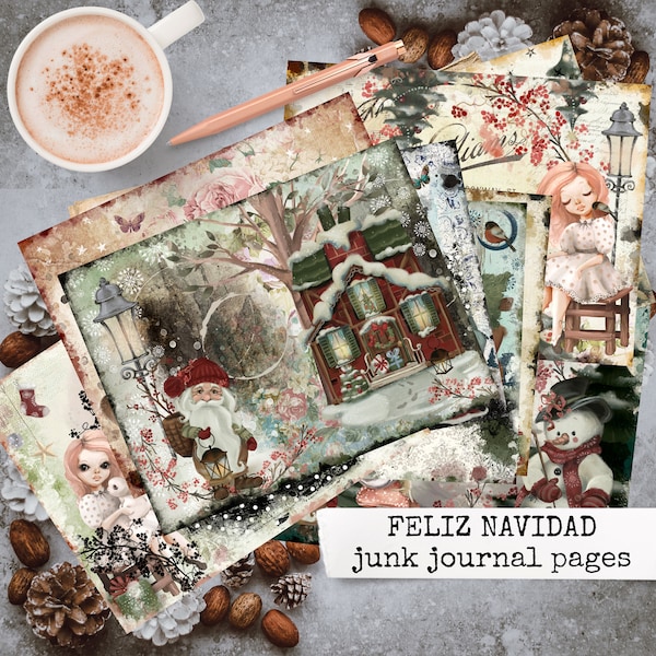 christmas junk journal pages, digital paper for scrapbook, gluebook, planner, cardmaking, digital download, collage sheets christmas 8.5x11