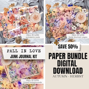 Paper BUNDLE SAVE 50% - fall in love junk journal kit, autumn paper digital download, to print for your handmade junk journal, collages etc.
