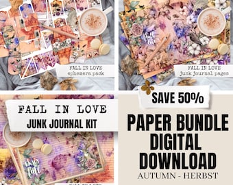 Papier BUNDLE SPARPREIS - fall in love Herbst Junk Journal Kit digitaler download, herbstliches Papier für dein Junk Journal, Collage, Scrap