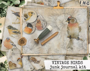 vintage birds digital printable junk journal kit, instant download printable collage sheets, ephemera for junk journals & scrapbook