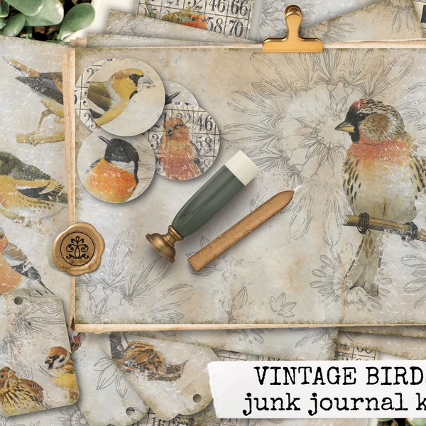 vintage birds digital printable junk journal kit, instant download printable collage sheets, ephemera for junk journals & scrapbook