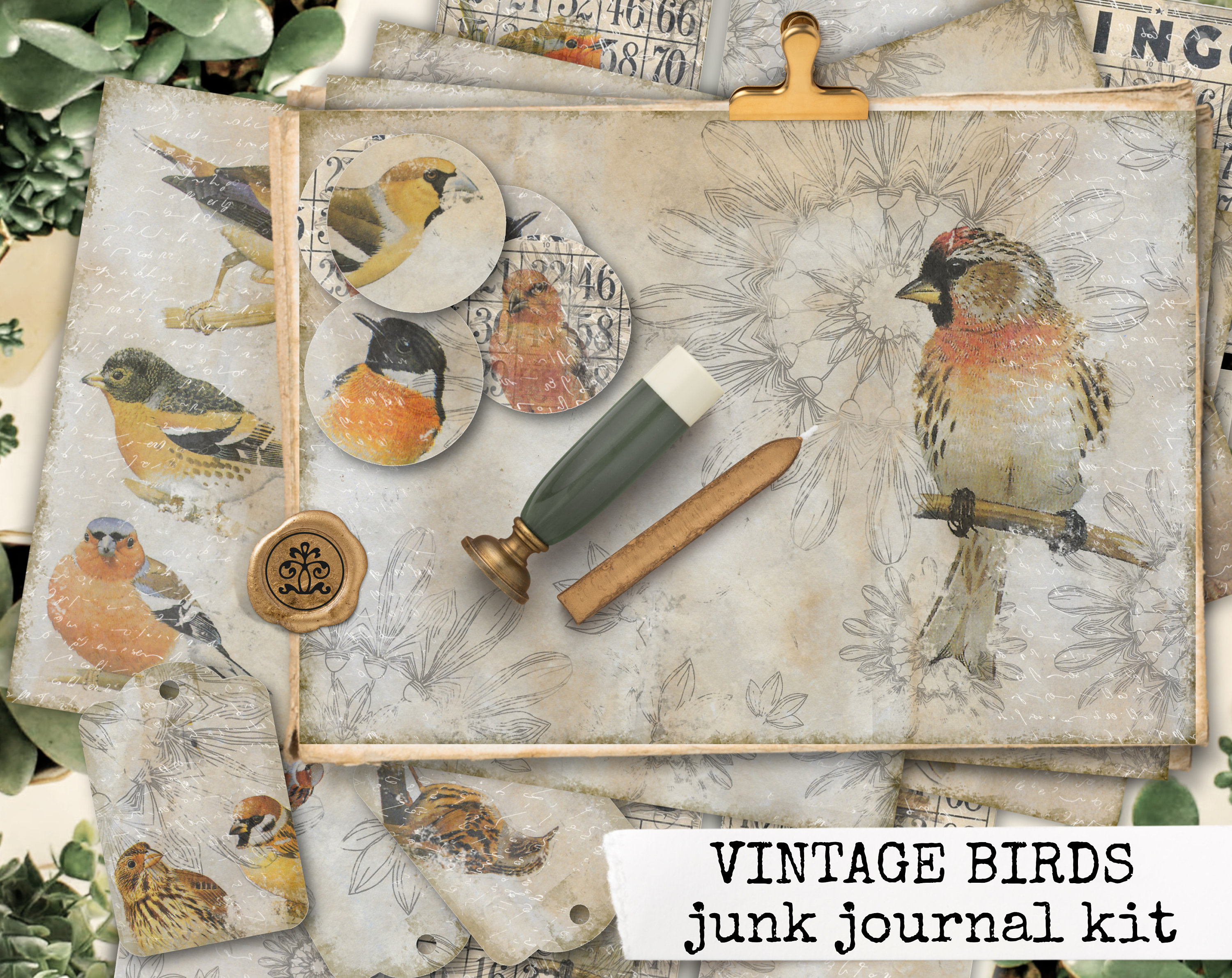 Vintage Birds Junk Journal 5x7 Kit collage scrapbooking decoupage DIY ...