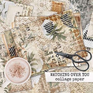 WATCHING OVER YOU collage paper, botanical abstract junk journal paper, instant digital download collage sheets for junk journal, scrapbook