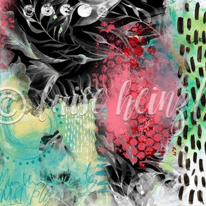 May include: Abstract art print with a black background, featuring a mix of colors including red, green, blue, and white. The print has a layered, textured look with brushstrokes and splatters of paint.