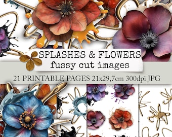 May include: Digital art featuring watercolor flowers in shades of red, purple, and blue, with gold accents and paint splashes. The text "SPLASHES & FLOWERS fussy cut images" is visible. The image includes 21 printable pages, 21x29.7cm, 300dpi JPG.