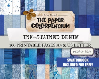 May include: A collection of blue and white digital paper designs. The image features a variety of textures and patterns, including watercolor splatters, marbled effects, and solid shades. Text on the image reads "THE PAPER COLORPENDIUM" and "INK-STAINED DENIM".