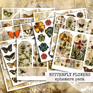 junk journal ephemera pack butterfly flowers, digital printable sheets, grunge damask ephemera for junk journal, bullet journal & scrapbook