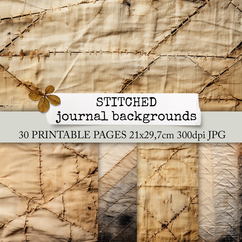STITCHED sewn junk journal pages, old repaired fabrics, vintage textile background pages for junk journals, collage sheets 21x29.7 image 1