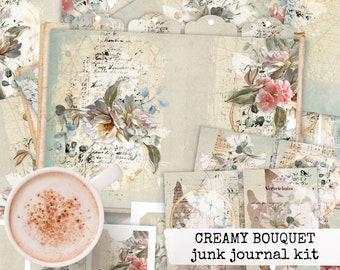 CREAMY BOUQUET junk journal kit botanical journal paper & ephemera set for junk journals, vintage botanicals, collage paper 21x29,7