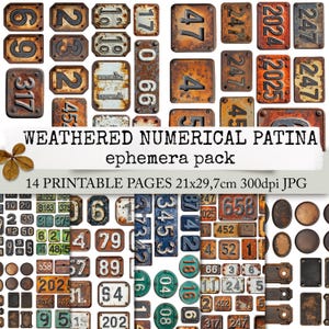 Pack éphémère PATINE NUMÉRIQUE WEATHERED, étiquette vintage créative sertie de chiffres et de rouille pour les journaux indésirables, les panneaux, le collage 21x29.7
