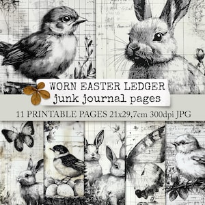 Pages de journal de Pâques usées, papier de livre de Pâques numérique, lapins, poussins, oiseaux, papillons et fleurs, papier collage, 21x29,7