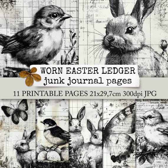 WORN EASTER LEDGER junk journal Seiten, digitales Osterbuchpapier, Hasen, Küken, Vögel, Schmetterlinge & Blumen, Collagepapier, 21x29,7