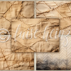 May include: Set of six digital paper textures featuring a distressed, vintage, canvas-like background with stitching and a faded, worn look.