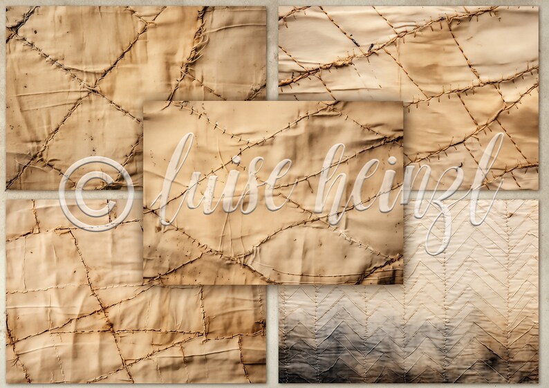 May include: Set of six digital paper textures featuring a distressed, vintage, canvas-like background with stitching and a faded, worn look.