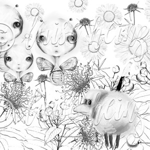 May include: Black and white illustration of three fairies with wings and a bird with a long beak. The fairies are surrounded by flowers and leaves.