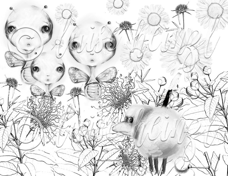 May include: Black and white illustration of three fairies with wings and a bird with a long beak. The fairies are surrounded by flowers and leaves.