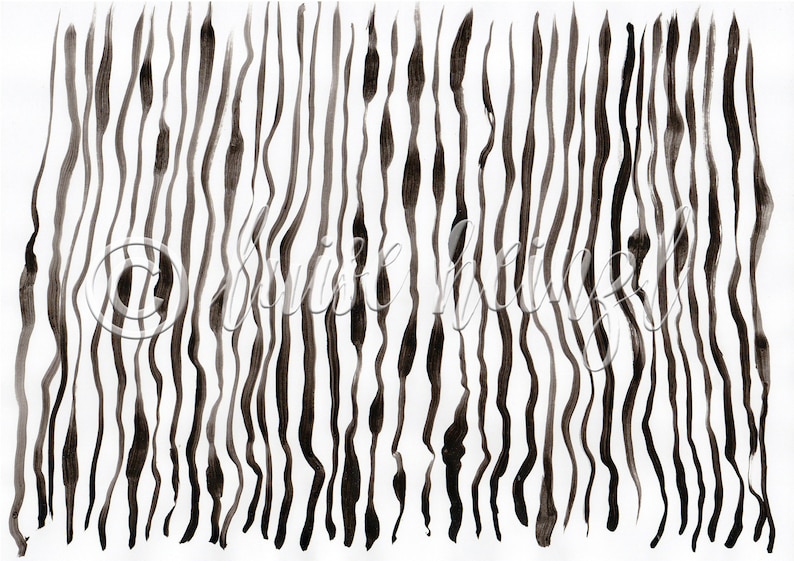 May include: Abstract black and white striped pattern with wavy lines. The lines are painted in a brushstroke style.