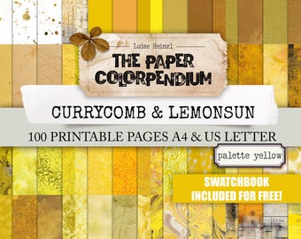 May include: A collection of yellow and gold printable paper pages. The image features a variety of textures and patterns, including splatters, stripes, and floral designs. Text on the image reads "THE PAPER COLORPENDIUM" and "CURRYCOMB & LEMONSUN". Includes a free swatchbook.