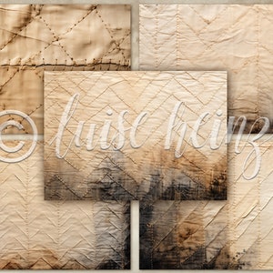 May include: Five beige fabric squares with a stitched diamond pattern. The fabric is worn and has a vintage look.