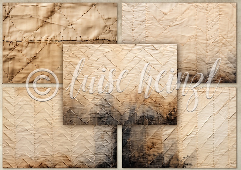 May include: Five beige fabric squares with a stitched diamond pattern. The fabric is worn and has a vintage look.