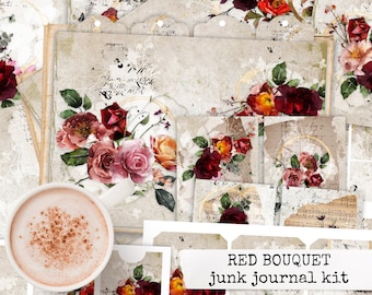 RED BOUQUET junk journal kit botanical journal paper & ephemera set for junk journals, vintage botanicals, collage paper 21x29,7