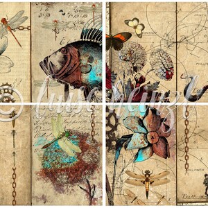 May include: A collage of vintage illustrations featuring a fish, flowers, butterflies, dragonflies, and a skeleton figure. The background is a textured paper with handwritten notes and diagrams.