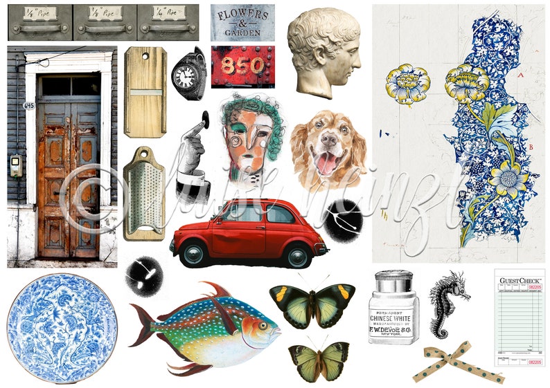 May include: A collage of images featuring a red vintage car, a blue and white patterned plate, a grater, a clock, a bust of a man, a dog, a butterfly, a fish, a bottle, a seahorse, a door, a sign that says "Flowers & Garden", a sign that says "850", and a floral pattern.