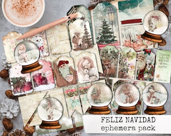 May include: A digital printable ephemera pack with a Christmas theme. The pack includes images of snow globes, winter scenes, and holiday characters. The text "Feliz Navidad" is featured in the center of the image.