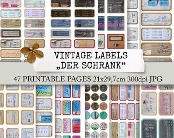 Op de afbeelding: 47 printbare pagina's met vintage-etiketten met handgeschreven tekst en illustraties. De etiketten zijn in verschillende kleuren en stijlen, waaronder bruin, blauw, rood en groen. De etiketten zijn perfect om een vintage touch toe te voegen aan je knutselwerk, scrapbooking en andere projecten.