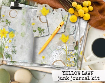 botanical field notes junk journal kit, digital printable junk journal yellow lawn, collage sheets, paper for junk journal & scrapbook