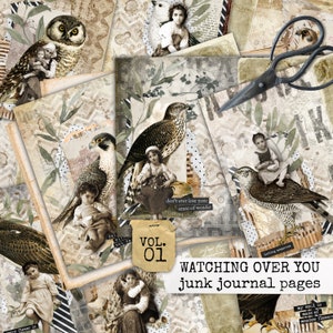 WATCHING OVER YOU junk journal Seiten Papier, Junk Journal Seiten Frauen & Vögel, zum herunterladen, Scrapbook, digitaler download 8,5x11