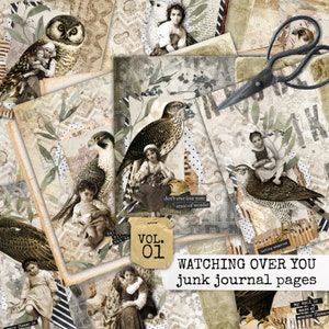 WATCHING OVER YOU junk journal pages, birds & women junk journal paper, instant digital download collage sheets for junk journal, scrapbook