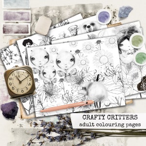 the CRAFTY CRITTERS printable adult colouring papers, whimsical colouring sheets, junk journal paper, print and colour yourself  8,5x11