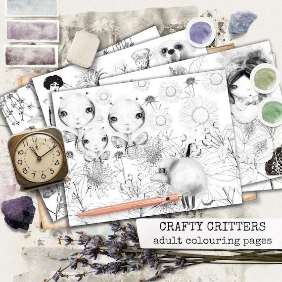 the CRAFTY CRITTERS printable adult colouring papers, whimsical colouring sheets, junk journal paper, print and colour yourself  8,5x11