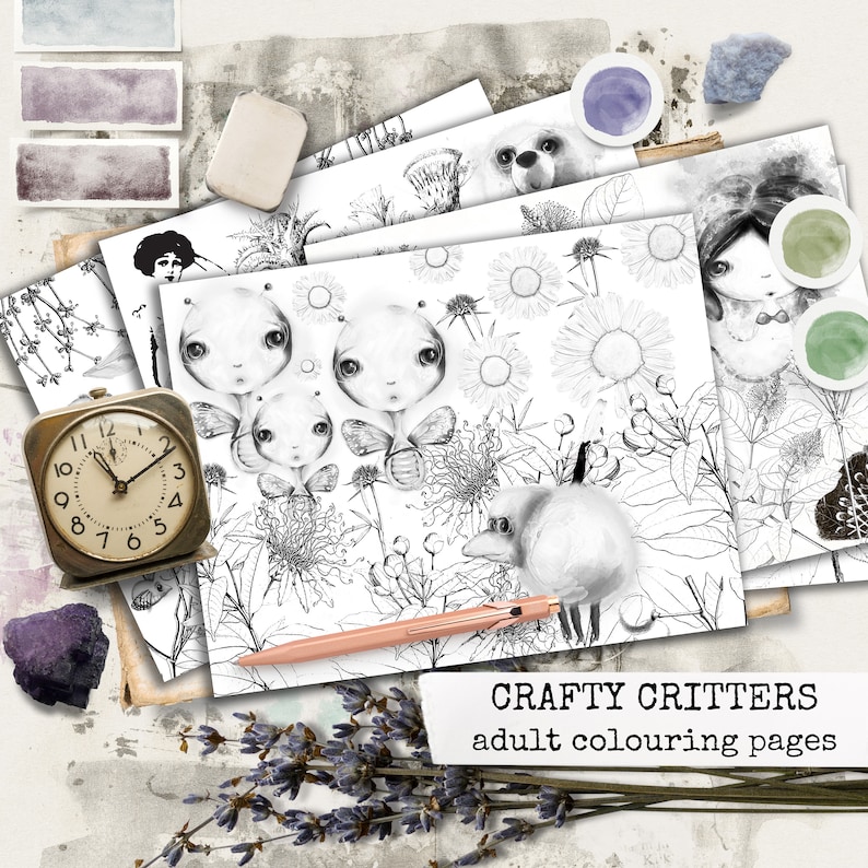 May include: Black and white colouring pages featuring whimsical creatures and floral designs. The pages are titled "CRAFTY CRITTERS adult colouring pages".