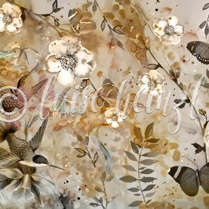 May include: A watercolor painting featuring hummingbirds, butterflies, and flowers in shades of brown, gold, and white. The background is a light beige with brown splotches.
