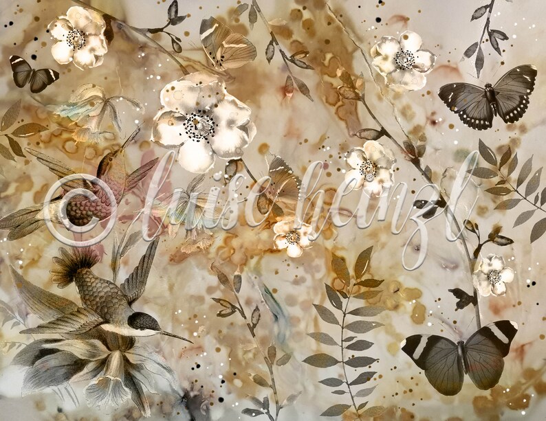 May include: A watercolor painting featuring hummingbirds, butterflies, and flowers in shades of brown, gold, and white. The background is a light beige with brown splotches.