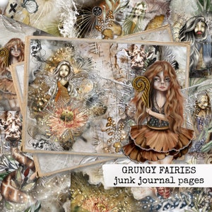 以下が含まれることがあります： グランジのテクスチャと「Grungy Fairies junk journal pages」というタイトルがついた妖精の画像のデジタルコラージュです。