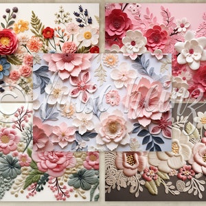 EMBROIDERY PAPER junk journal pages, embroidered paper flowers on fine crochet lace, background pages junk journals, collage sheets 21x29.7 image 7