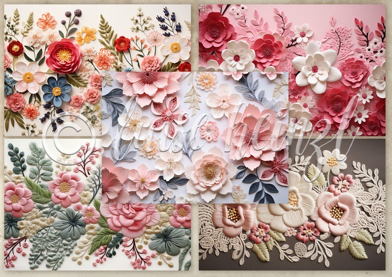 EMBROIDERY PAPER junk journal pages, embroidered paper flowers on fine crochet lace, background pages junk journals, collage sheets 21x29.7 image 7