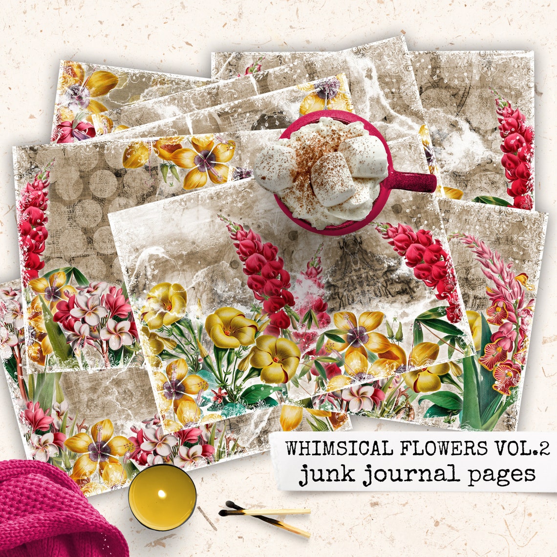 Whimsical Flowers Junk Journal Pages, Digital Download, Printable Paper ...