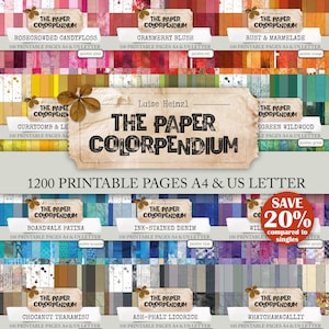 Könnte beinhalten: Eine Sammlung druckbarer Papierdesigns mit dem Titel "The Paper Colorpendium", die verschiedene Farbpaletten zeigt. Das Bild enthält Text wie "1200 druckbare Seiten A4 & US Letter" und "Save 20%". Jedes Design ist mit einem Namen und einer Farbpalette versehen.