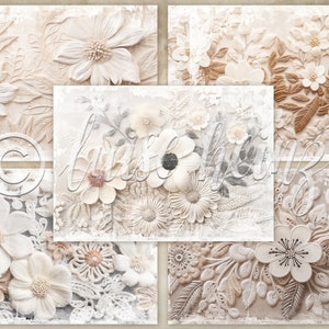 EMBROIDERY PAPER junk journal pages, embroidered paper flowers on fine crochet lace, background pages junk journals, collage sheets 21x29.7 image 4