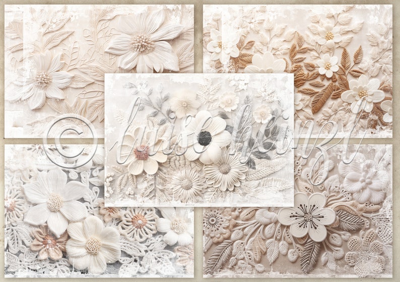 EMBROIDERY PAPER junk journal pages, embroidered paper flowers on fine crochet lace, background pages junk journals, collage sheets 21x29.7 image 4
