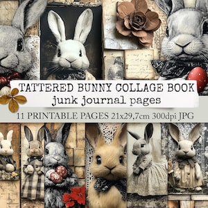 Livre de collage de lapins en lambeaux, pages de journal de déchets, papier de livre de Pâques numérique, lapins, papier de Pâques, papier de collage, téléchargement numérique 21x29,7