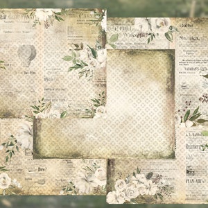 May include: A digital paper pack with a vintage aesthetic featuring white roses, green leaves, and text from old newspapers. The papers have a distressed, aged look and are perfect for scrapbooking, card making, and other paper crafts.