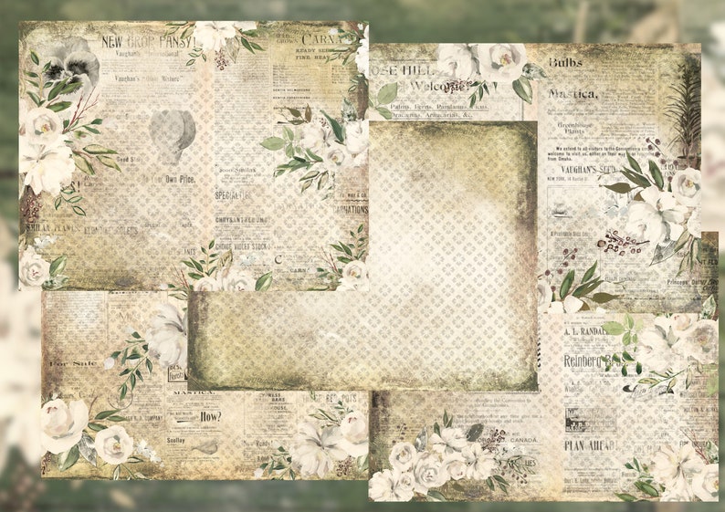 May include: A digital paper pack with a vintage aesthetic featuring white roses, green leaves, and text from old newspapers. The papers have a distressed, aged look and are perfect for scrapbooking, card making, and other paper crafts.